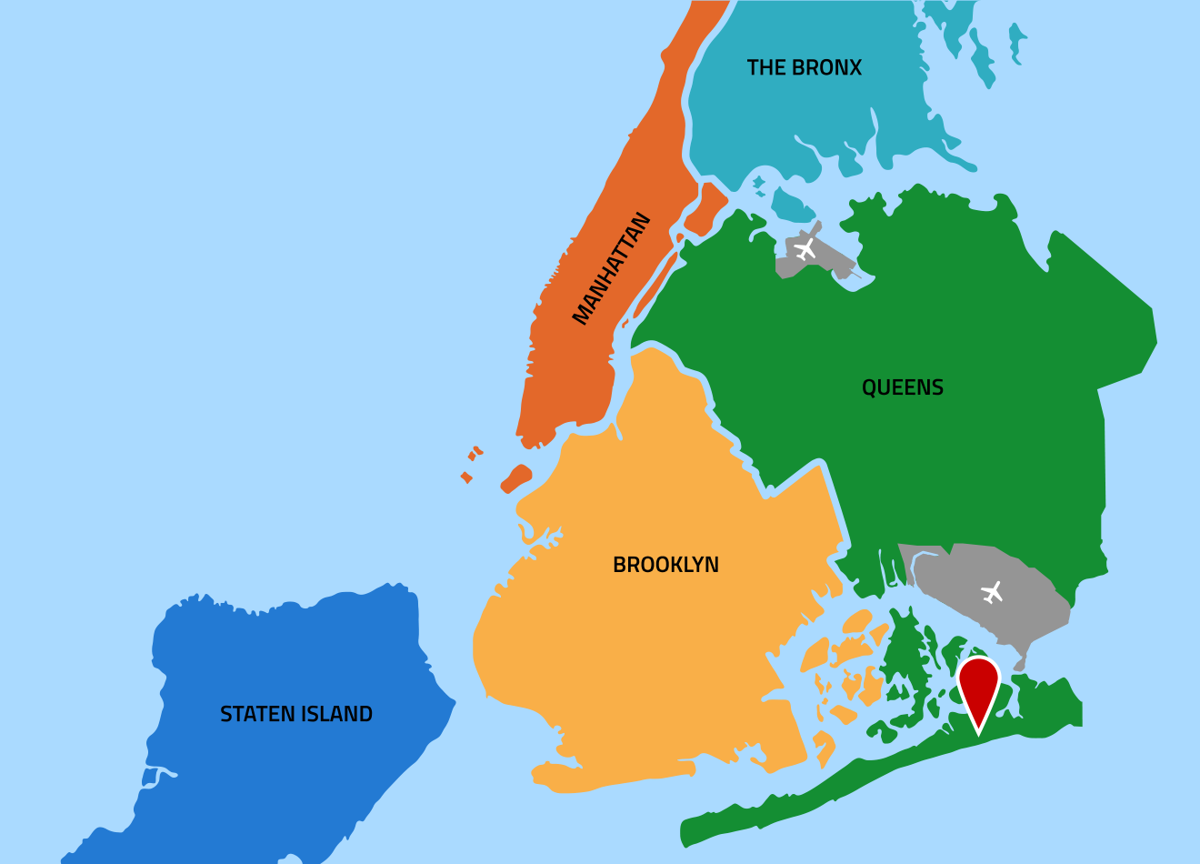 New York City map showing location of Far Rockaway in southest corner of Queens, south of JFK airport