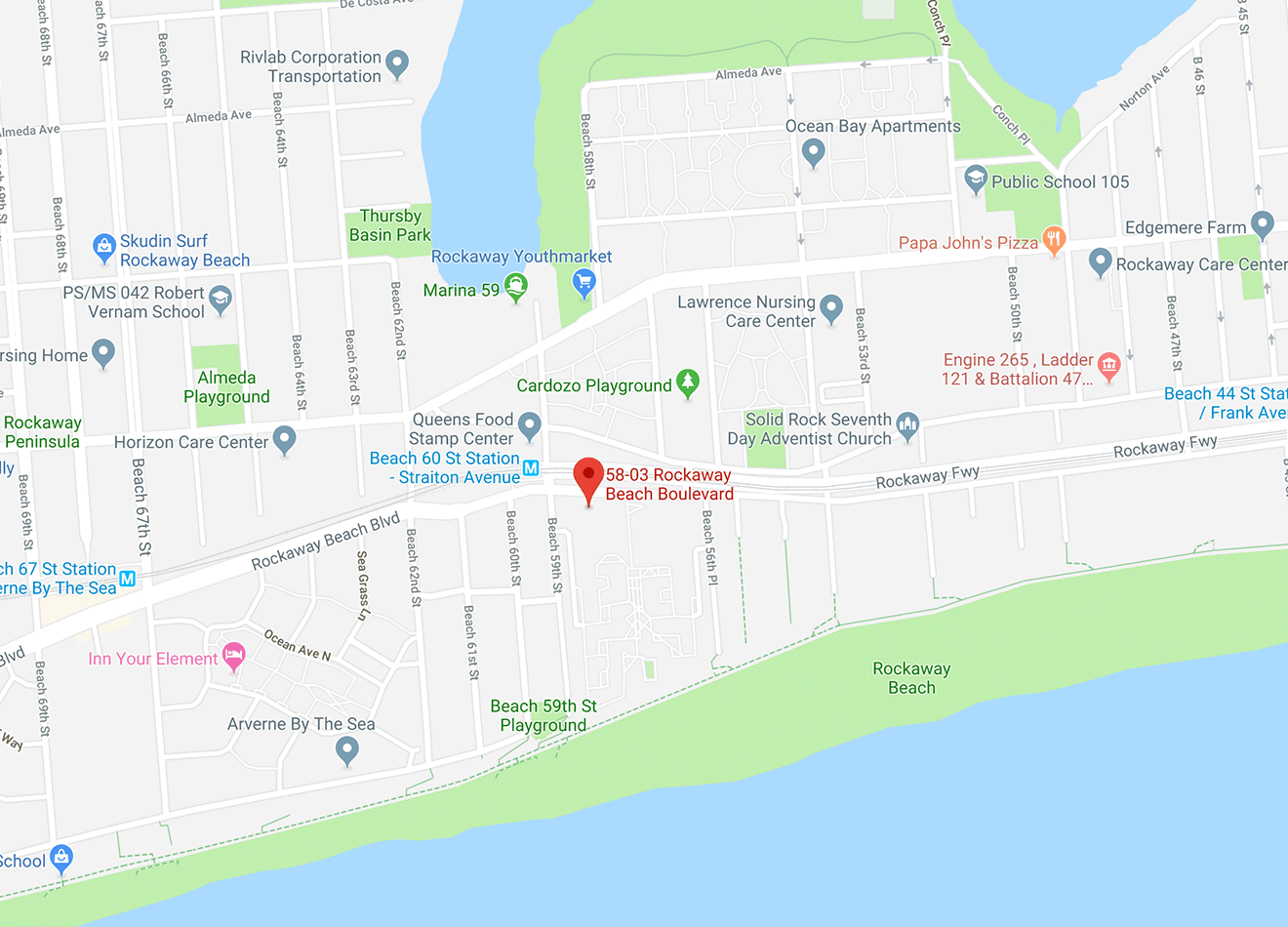 Neighborhood map showing location of 58-03 Rockaway Beach Blvd, across from Beach 60 Street elevated train station